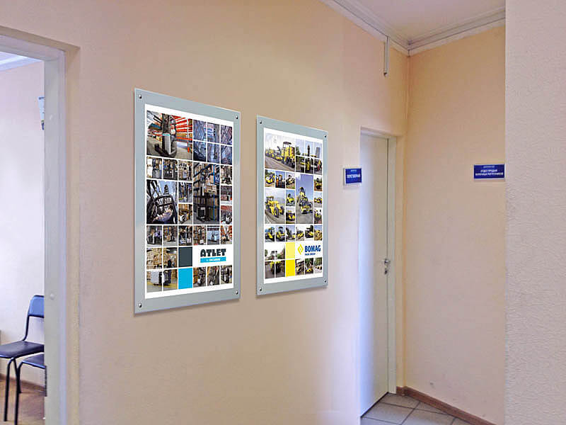 Оформление интерьера офиса продаж рекламой на стенах