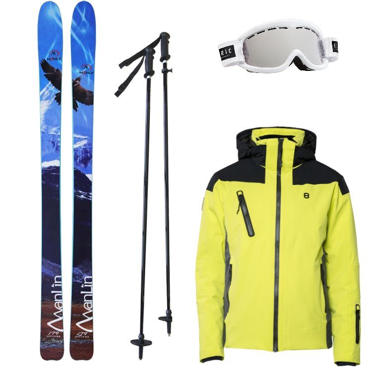 лыжный комплект из лыж палок очков и куртку